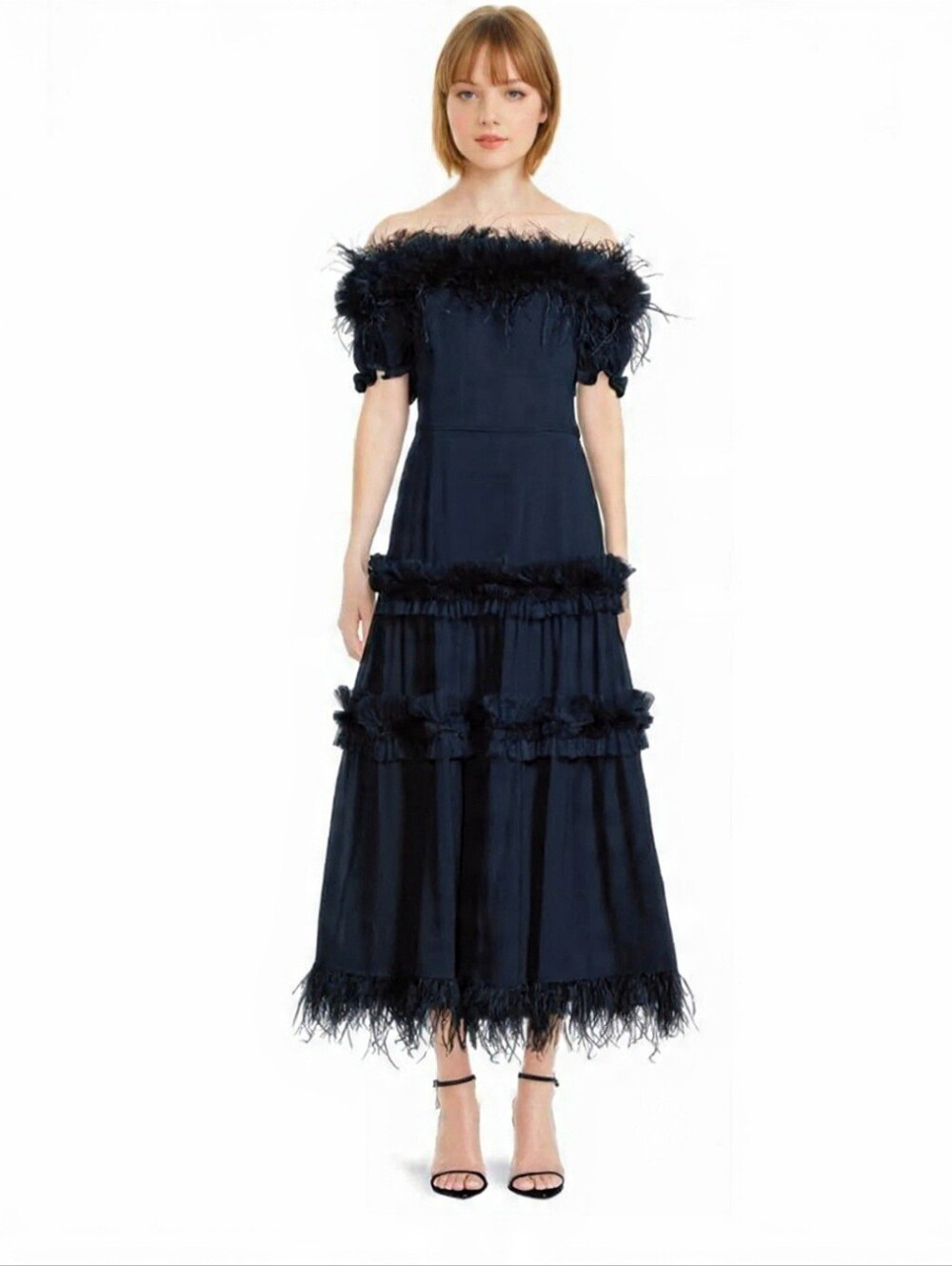 Shani Off The Shoulder Feather Midi Dress Size 8 NWT $600 Navy Whimsical